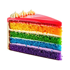 A vibrant slice of cake featuring rainbow layers and a glossy top