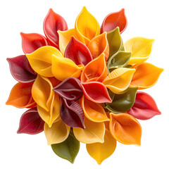 Close-up of colorful shell pasta arranged in a circular pattern on a black background