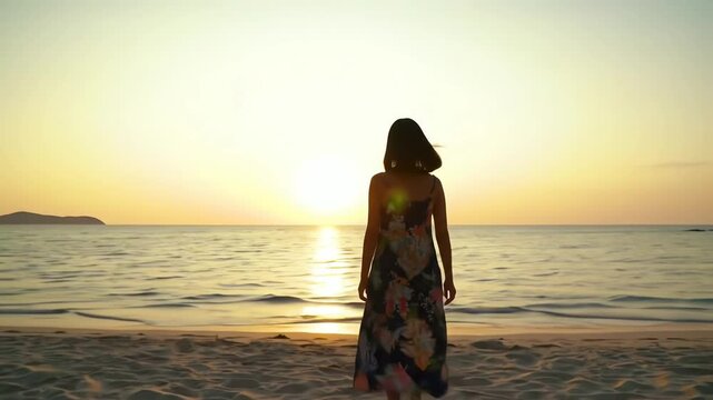 Woman in a summer dress walks from a dark room onto a sunny beach toward the ocean at sunset