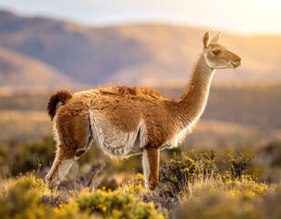 A guanaco stands in a sunlit Andean landscape