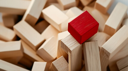 Strategic Advantage: A single red block stands atop a heap of wooden blocks, symbolizing leadership, uniqueness, or standing out from the crowd.