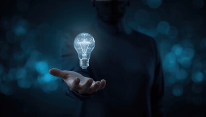 Man holding illuminated light bulb in hand with dark blue background