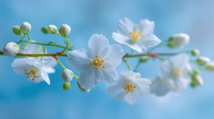 A branch with white flowers is shown against a blue sky. The flowers are delicate and appear to be in full bloom. Scene is serene and peaceful, as the flowers seem to be untouched by the hustle