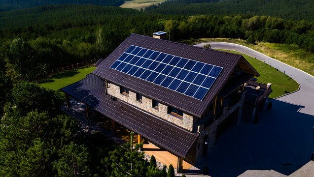Aerial view of a modern house with solar panels on the roof surrounded by trees