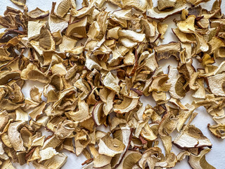 Dried mushroom slices, dried porcini mushrooms on sale in the store, dried mushrooms on the market, high protein product, dehydrated mushrooms, vegetarian or vegan food.