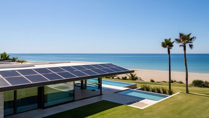 Modern beachfront home with solar panels and swimming pool overlooking the ocean