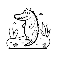 Friendly crocodile by the river with fish coloring page vector
