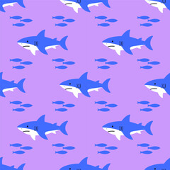 Marine summer tropical seamless pattern with sharks and fish on purple background. Design for textile and fabric, wrapping paper