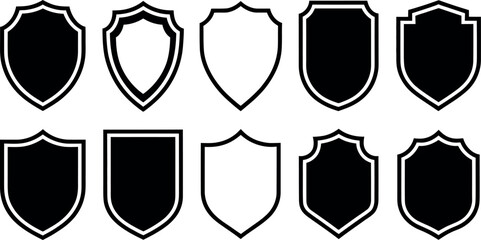 Set of shield icons different shapes in black and white color