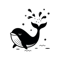 Whale spraying water from blowhole with small fish black silhouette vector