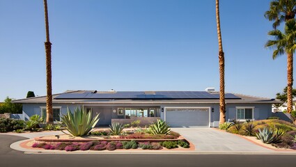 Modern suburban home with solar panels and palm trees under a clear blue sky