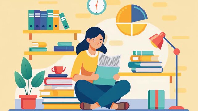 A woman sitting on the floor, engrossed in a book, surrounded by stacks of books in a study room, A woman reading in a study room with stacks of books, Simple and minimalist flat 2d Animation