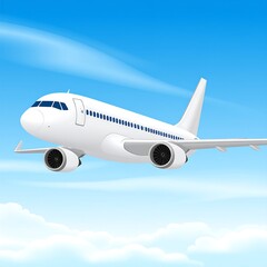 White jet airplane soaring through a partly cloudy blue sky