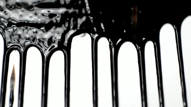 Slow motion close up shot of thick black glossy liquid dripping down a clean white background