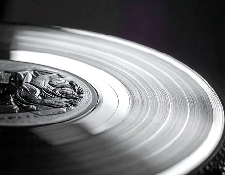 Close-up of a silver record with an embossed design