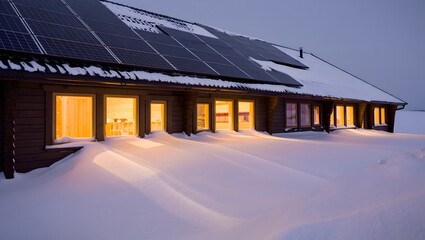 Cozy mountain solar panels with warm lights glowing in the snow at dusk