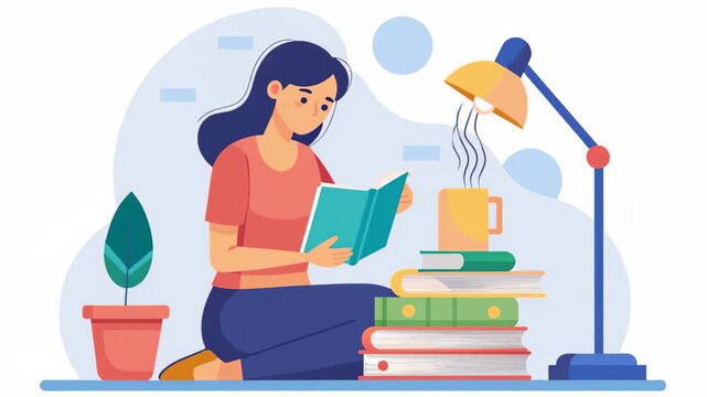 Woman Sitting on Floor Reading Book, A woman reading with a stack of books and a study lamp, Simple and minimalist flat 2d Animation