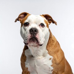 Close-up portrait of a medium-sized dog.  Brown and white fur.  Focused gaze