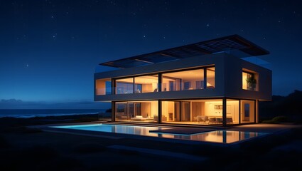 Modern luxury home with infinity pool at night with starry sky