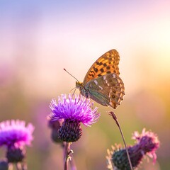 Butterfly on thistle flower in soft, pastel sunrise light