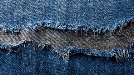 A torn piece of denim with a frayed edge. The denim is blue and has a worn look to it