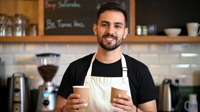 Portrait of a handsome young male barista in an apron smiling and offering two take away coffees
