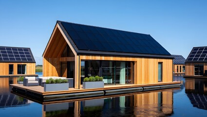 Modern wooden floating house with solar panels on a calm lake