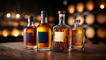 Whiskey bottles displayed in a cozy bar. Four whiskey bottles sit on a wooden table in a warm, inviting bar filled with soft lighting and barrels.