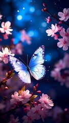 A delicate butterfly amongst blossoming spring flowers.  A magical night scene with soft, blue-toned bokeh and pale pink blossoms