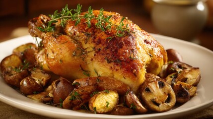 Fototapeta premium A roasted chicken with herbs and potatoes on a white plate. The chicken is cooked and has a crispy skin. The potatoes are golden brown and have a crispy texture. Scene is warm and inviting