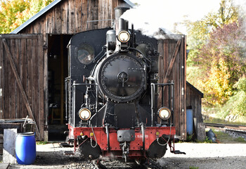Schmalspur - Museumsbahn auf dem H&auml;rtsfeld mit Dampflokomotive, Personenwagen, Triebwagen in herbstlicher Landschaft