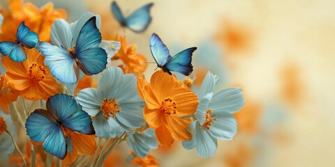 Fototapeta premium Beautiful arrangement of orange flowers and blue butterflies on a soft yellow background, creating a serene and uplifting nature scene
