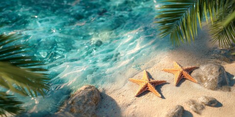 Fototapeta premium Vibrant Beach Scene with Turquoise Water, Golden Sand, Starfish, and Tropical Leaves for Summer Designs