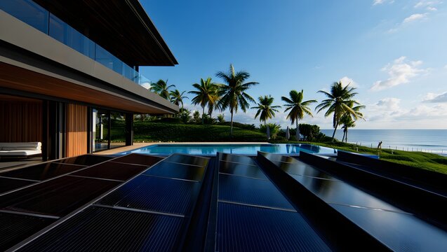 Luxury modern villa with infinity pool overlooking the ocean and palm trees