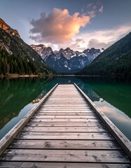 Wooden pier stretches into a serene mountain lake at sunset