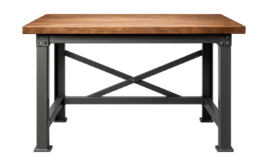 Sturdy metal workbench with a thick wooden surface for industrial use.