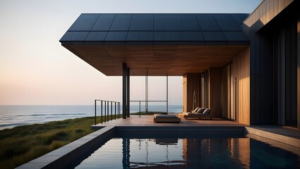 Modern luxury villa with infinity pool overlooking the ocean at sunset