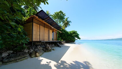 Tropical beach bungalow nestled among lush green trees by the clear blue ocean