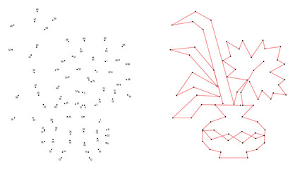 Decorative vase with leaves. Connect the dots educational drawing game. Dot to dot by numbers puzzle. Google Font Fira Sans Condensed.