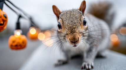Squirrel exploring Halloween decorations. A curious squirrel approaches Jack-o'-lantern lights during a cloudy autumn day, showcasing its playful nature.