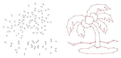 Obraz premium Small island with a palm tree. Connect the dots educational drawing game. Dot to dot by numbers puzzle. Google Font Fira Sans Condensed.