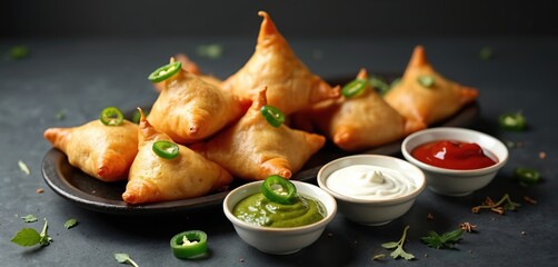 Golden Indian samosas ready to eat. Sit on dark plate with fresh green chili slices. Three small bowls hold delicious sauces green chutney, white cream, red chili sauce. Vegetarian food perfect snack.