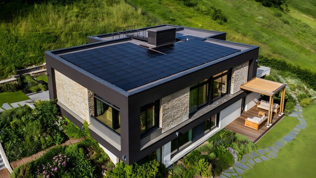 Modern house with flat roof and solar panels surrounded by lush green garden