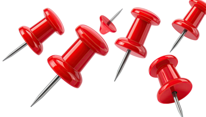 Six red push pins with shiny heads and sharp metal points, slightly askew, floating