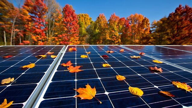 Autumn leaves fall on solar panels with colorful forest background