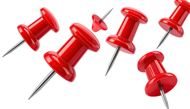 Six red push pins with shiny heads and sharp metal points, slightly askew, floating