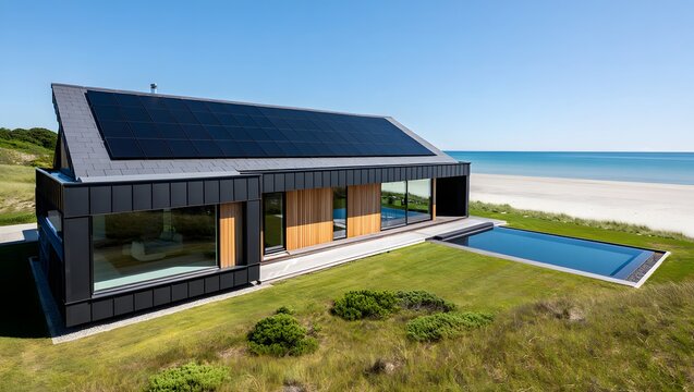 Modern coastal home with solar panels and swimming pool overlooking the ocean