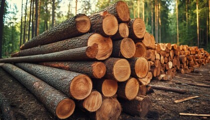 The image shows a pile of freshly cut logs, stacked neatly in a forest with tall trees in the background.