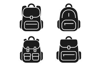 Set of four stylish black backpack icons with different designs