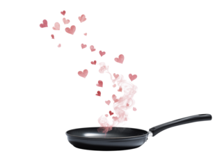 Frying pan releasing pink hearts symbolizing love and creativity